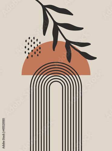 Modern abstract aesthetic background with geometric balance shapes and lines. Wall decor in boho style. Mid century vector print for cover, wallpaper, card, social media, interior decor	
