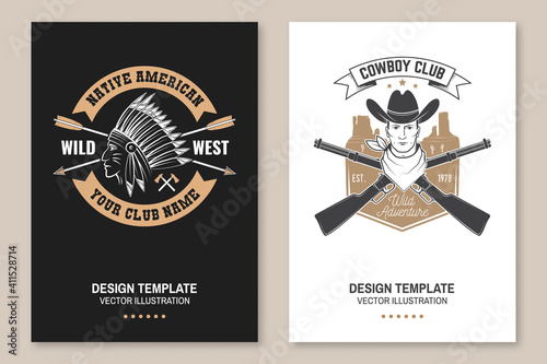 Cowboy club poster, flyer. Ranch rodeo. Vector. Concept for shirt, logo, print, stamp, tee with cowboy and shotgun. Vintage typography design with american canyon silhouette