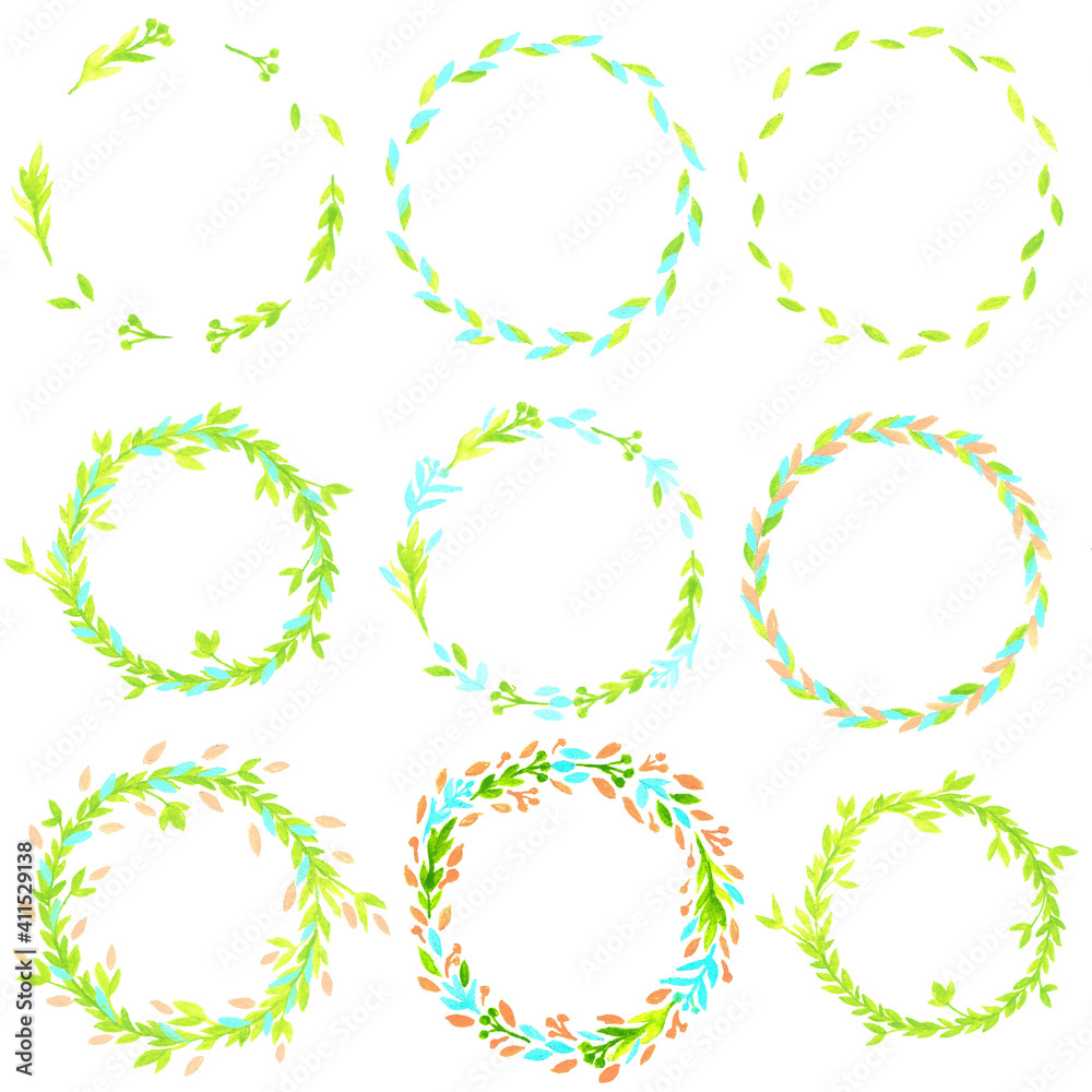 A set of nine wreaths of different densities and different colors. Colors: green, blue, peach. Watercolour technique. A set of nine wreaths of different densities and different colors. Colors: green, blue, peach. Watercolour technique.