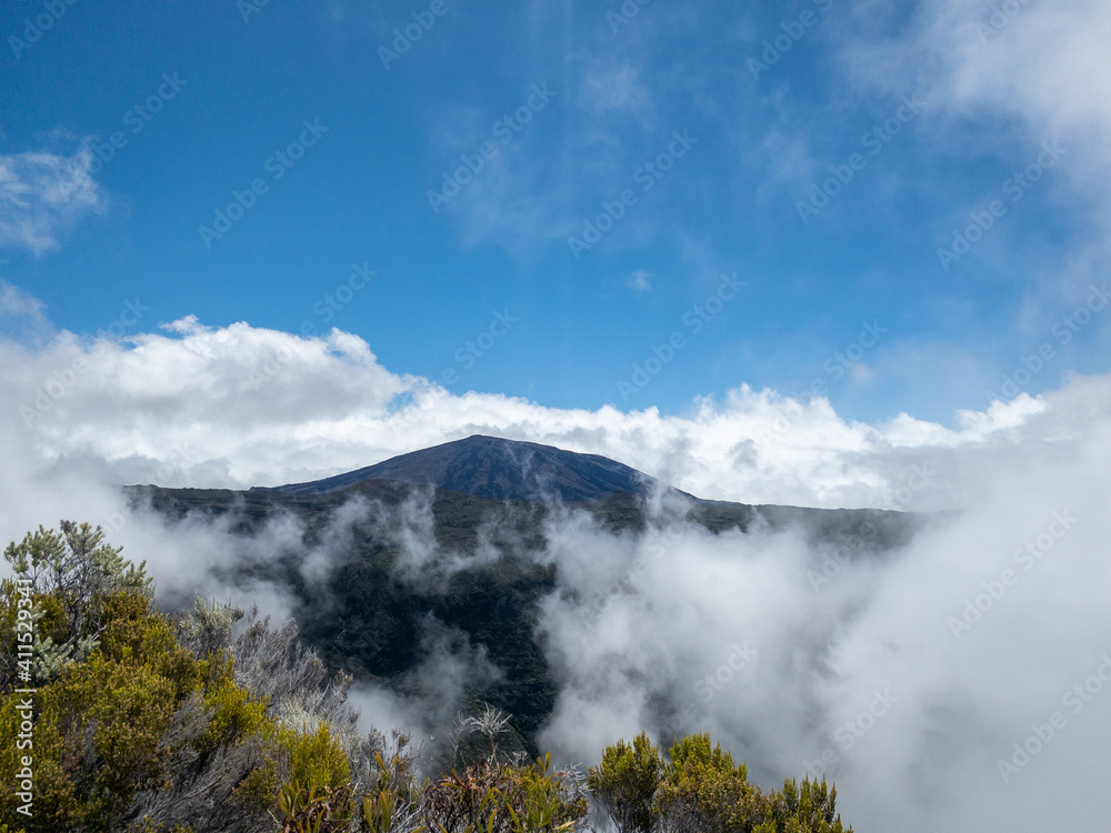 Beautiful cloudy panorama of Reunion island close to the volcano of Piton de la fournaise