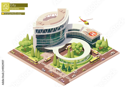 Vector isometric hospital or clinic building with emergency entrance, ambulance helicopter or medevac, helipad, ambulance vehicle