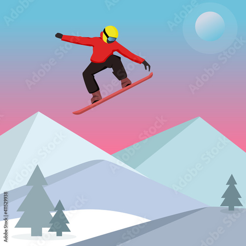 snowboarder jumping on the mountain