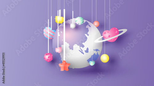 Earth with heart planets hanging around on Valentine's day. Cosmic of Love. paper cut and craft style. vector, illustration.