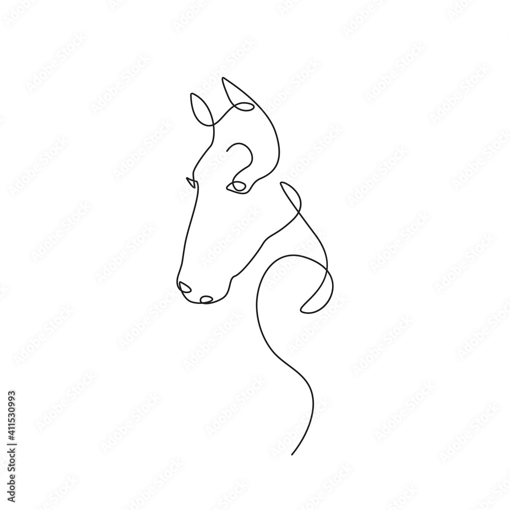 Fototapeta Rysowanie jednej linii konia. Głowa konia ciągłego rysowania pojedynczej linii. Modny styl zwierząt na białym tle. wektor eps 10.