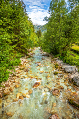 Vivid turquoise Soca river valley near Bovec in Triglav National Park  Julian Alps  Slovenia Europe.
