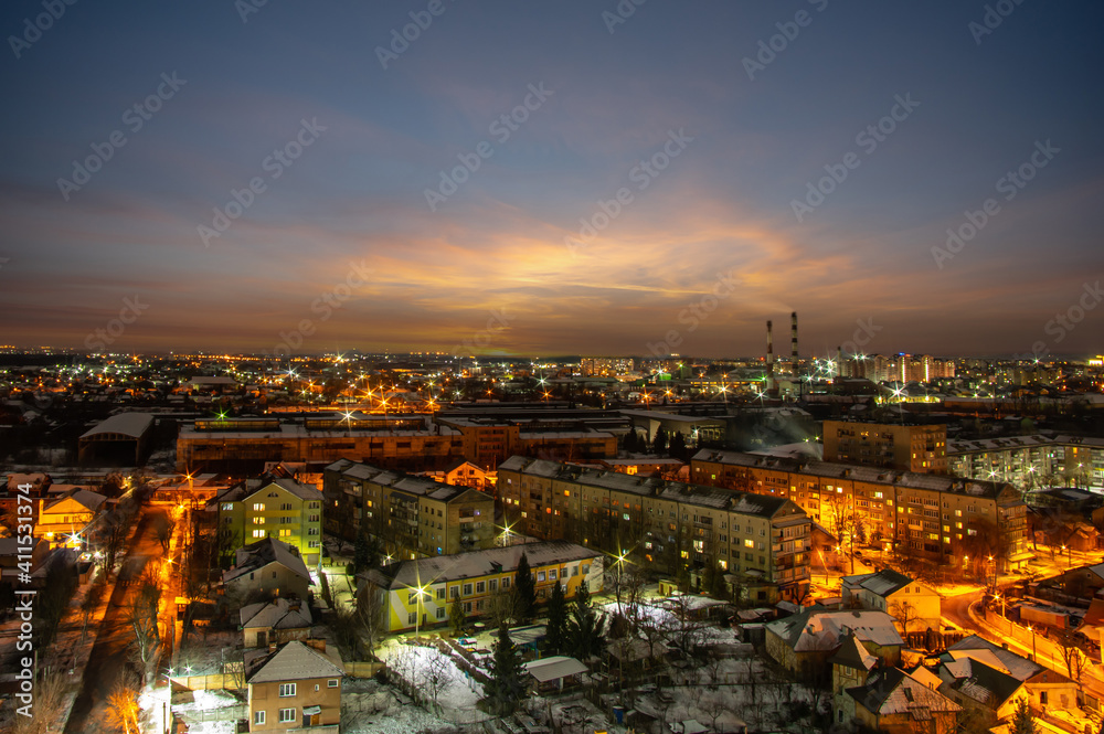 Beautiful sunrise in winter in the Ukrainian city of Ivano-Frankivsk