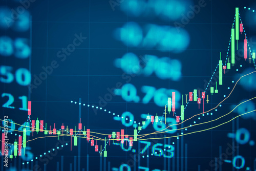 Charts of financial instruments with various type of indicators including volume analysis for professional technical analysis on the monitor of a computer. Fundamental and technical analysis concept.
