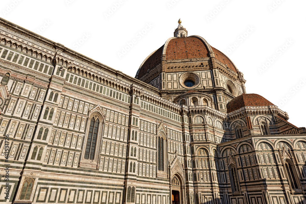 Florence Cathedral (Duomo di Firenze) Tuscany Italy. Santa Maria del Fiore (1296-1436) UNESCO world heritage site. Isolated on White Background.