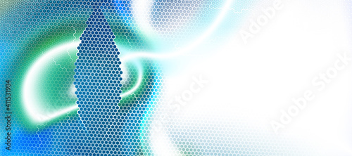 Light blue, white abstract backdrop textured by hexagons, unearthly technologies, circle blurred interface with hexs. Perforated cover. Minimal composition with hex shapes. Vector