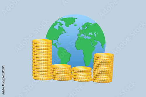 Vector illustration of global money transfer concept of earth globe and gold coins,