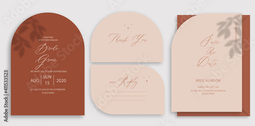 Modern wedding invitation, burnt orange wedding invitation template, arch shape with leaf shadow and handmade calligraphy.