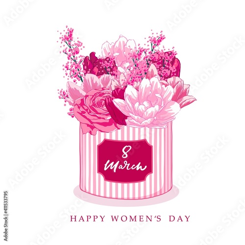 8 March holiday card with flowers and gift box. Roses and tulips bouquet. Botanical art composition.