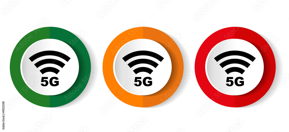 5G internet wireless communication, network vector icons, set of buttons in 3 colors options for webdesign and mobile applications 5G internet wireless communication, network vector icons, set of buttons in 3 colors options for webdesign and mobile applications