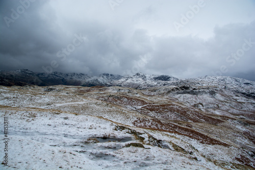 Fells around the Langdale Valley, Cumbria with winter snow