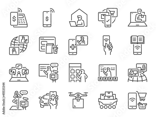 Contactless society line icon set. Included the icons as untact, online, shopping, e-commerce, and more.