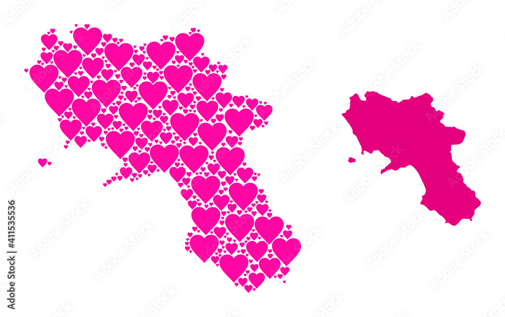 Love mosaic and solid map of Campania region. Mosaic map of Campania region is formed with pink lovely hearts. Vector flat illustration for love abstract illustrations.