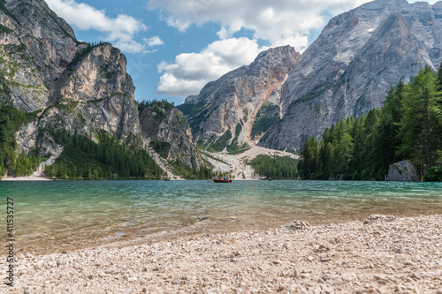 The beautiful and famous lake Braies is located in a unique position in the Italien Braies Dolomites.