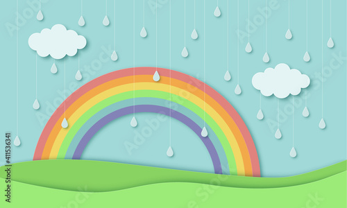 Green nature landscape scenery with mountain, rainbow, raindrops and clouds in paper cut style. Digital craft 3d paper art background. Rainy season and spring concept. Vector illustration.
