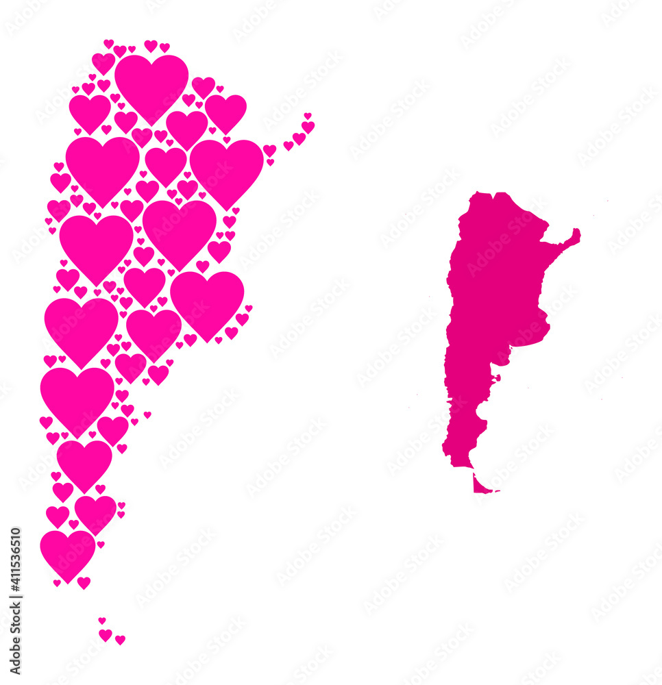 Love mosaic and solid map of Argentina. Mosaic map of Argentina designed with pink lovely hearts. Vector flat illustration for love conceptual illustrations.