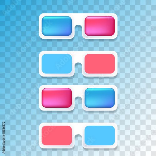 Vector Cinema 3d glasses icons set isolated on transparent background. 3d glasses logo or label collection