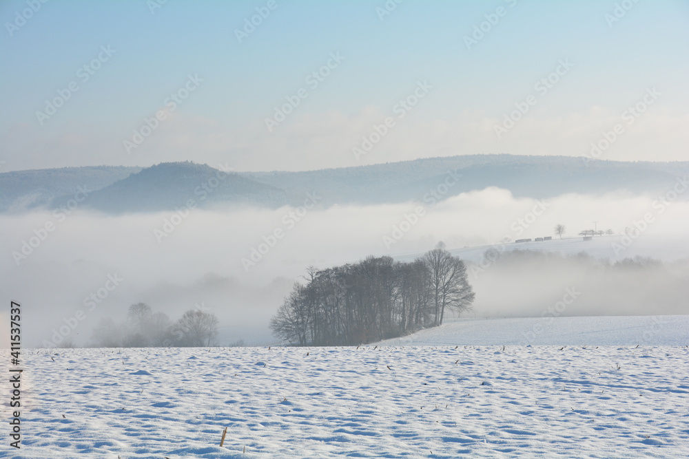 Fog over a snowy landscape on an early morning