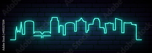 Blue neon skyline of Grand Rapids. Bright Grand Rapids City long banner. Vector illustration.