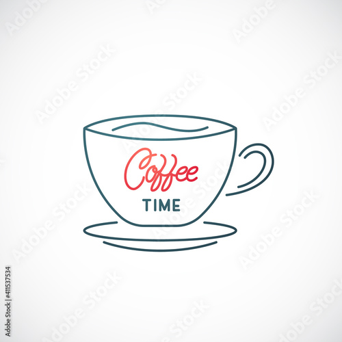 Coffee cup line icon isolated on white background. Coffee time lettering. Cafe emblem. Stock vector illustration.