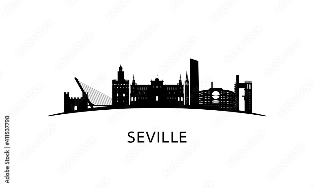 Fototapeta premium Seville city skyline. Black cityscape isolated on white background. Vector banner.