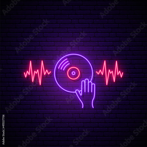 Neon vinyl sign. Glowing illustration with sound waves DJ hand on vinyl sound mixer. Dj music emblem. Vector illustration.