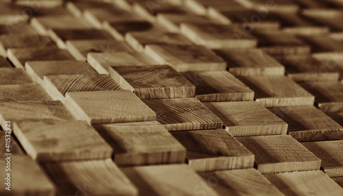 Abstract pattern of pine planks. Wood blanks form texture. Details of the timber close-up. Handicraft hobby