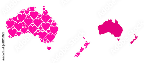 Love mosaic and solid map of Australia and New Zealand. Mosaic map of Australia and New Zealand composed with pink love hearts. Vector flat illustration for love concept illustrations.