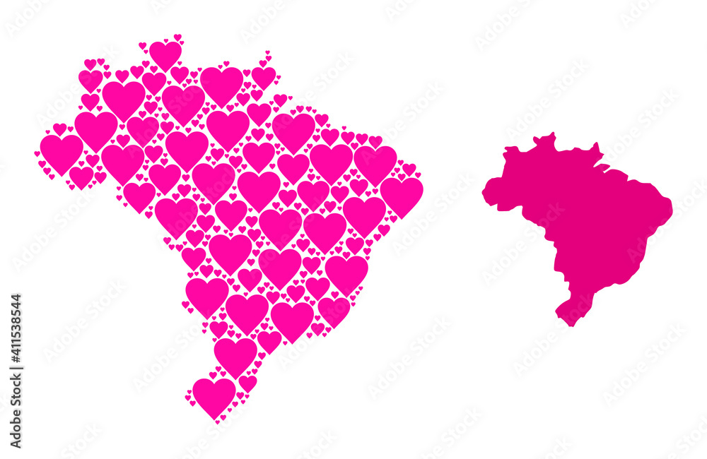 Love pattern and solid map of Brazil. Collage map of Brazil formed from pink love hearts. Vector flat illustration for love concept illustrations.