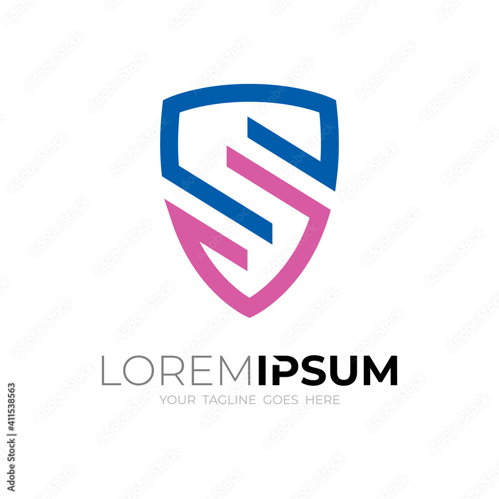 Shield logo with letter S design combination, simple line logo template