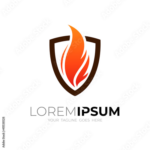Fire shield logo design element. Fire warning sign shield