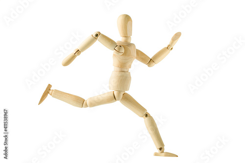 Wooden mannequin on a white background. Running man concept