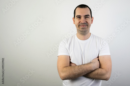 happy smiling young male man stand closeup white background