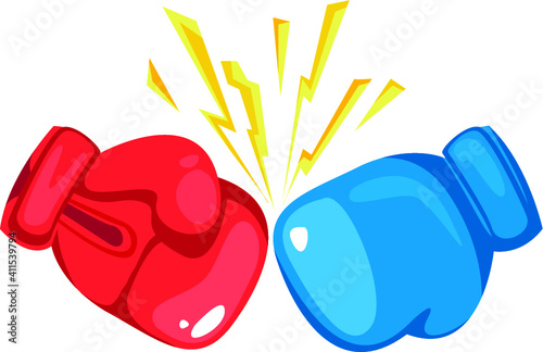 Two boxing gloves, red and blue, sport and boxing concept, vector flat illustration, isolated on white background