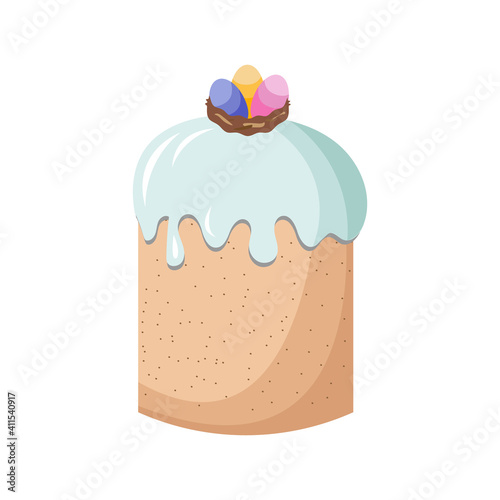 Cute Easter cake with blue glossy glaze and colored sweets in a shape of eggs on a top. Christian holiday, dessert, cupcake. Vector illustration of clipart for greeting cards, stickers, design.