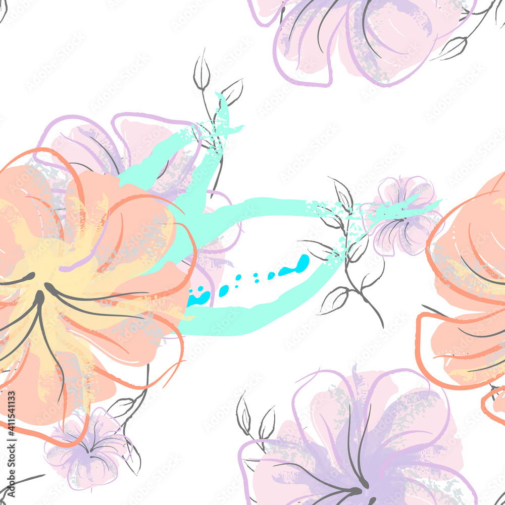 Obraz premium Pink Flowers Blooming Pattern. Pastel Watercolor Floral Print. Little Pink, Yellow, Lilac flower on grey leaf. Elegant brush Background. Seamless Botanical Vector Surface. Texture For Fashion Prints.