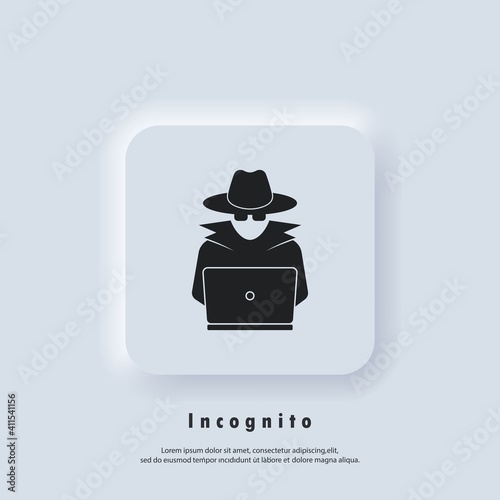 Incognito icon. Incognito logo. Browse in private. Spy agent, secret agent, hacker. Vector. UI icon. Neumorphic UI UX white user interface web button.