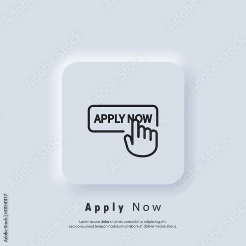 Apply now icon. Apply now button with hand cursor. Apply now logo. Vector. UI icon. Neumorphic UI UX white user interface web button.