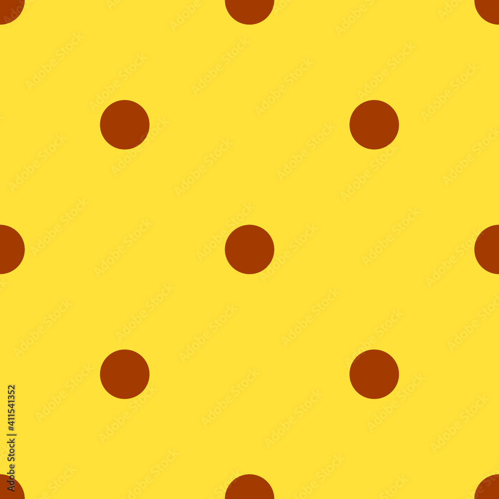 Vector brown polka dot on yellow background seamless pattern. Symmetrical round shapes print for textile, fabric, wallpaper, wrapping paper, design and decoration.
