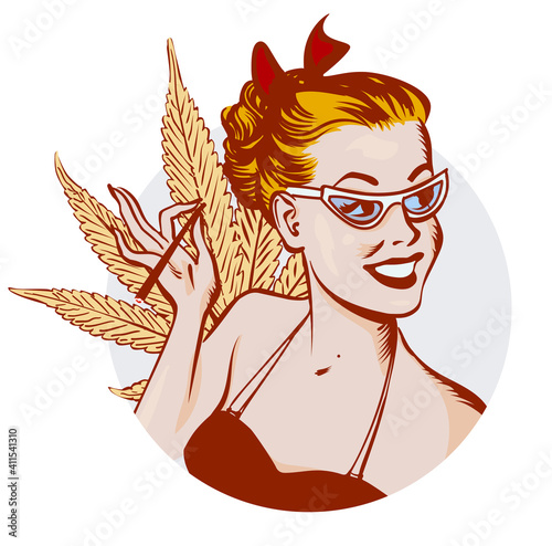 Retro girl smoking joint with cannabis. Marijuana leafs on 
 the background.  Vector image