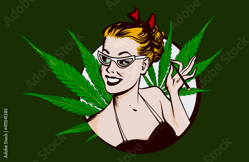 Retro girl smoking joint with cannabis. Marijuana leafs on 
 the background.  Vector image
