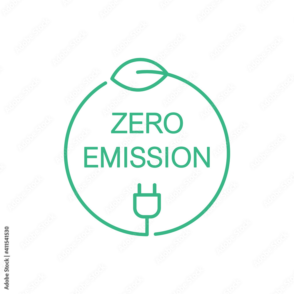 Zero emission sign, icon, symbol or logo. Green leaf and a electric