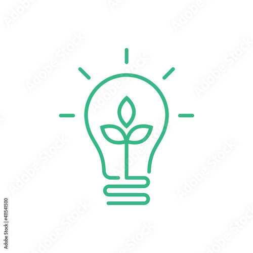 Green lightbulb with leaf inside. Clean energy concept. Sustainable renewable resources. Environmental friendly electricity. Energy saving. Ecological. Solar power. Vector illustration, flat, clip art