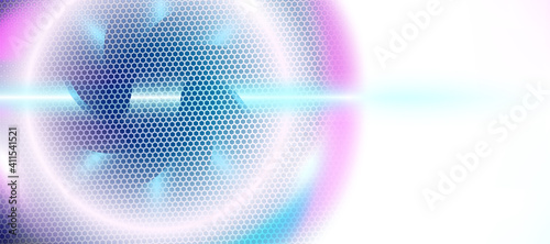 Light blue abstract background textured by hexagons, UFO circle blurred interface with hexs. Technology perforated bokeh, cover design. Minimal composition with hex shapes. Vector illustration