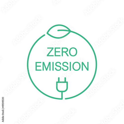 Zero emission sign, icon, symbol or logo. Green leaf and a electric plug in a circle. Clean energy concept. CO2 neutral power. Renewable eco energy sources. Vector illustration, thin line, clip art.  photo