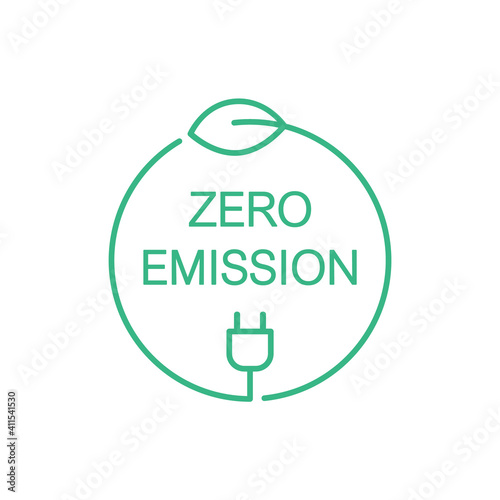 Zero emission sign, icon, symbol or logo. Green leaf and a electric plug in a circle. Clean energy concept. CO2 neutral power. Renewable eco energy sources. Vector illustration, thin line, clip art. 