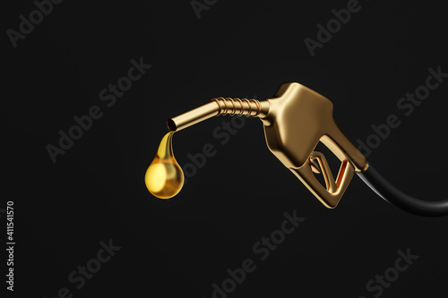 Golden gasoline injector fueling oil or pure fuel on black background. 3D rendering.